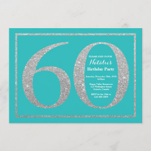 60th Birthday Invitation Blauwgroen en Silver Glit Kaart