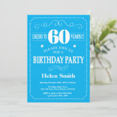 60th Birthday Invitation Blue and White Kaart (Staand voorkant)