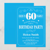 60th Birthday Invitation Blue and White Kaart (Voorkant / Achterkant)