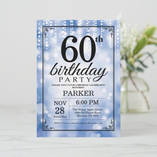 60th Birthday Invitation Blue Glitter Kaart (Staand voorkant)