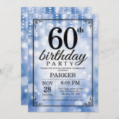 60th Birthday Invitation Blue Glitter Kaart (Voorkant / Achterkant)