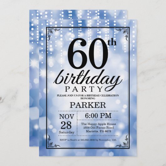 60th Birthday Invitation Blue Glitter Kaart (Voorkant / Achterkant)