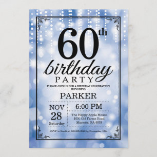 60th Birthday Invitation Blue Glitter Kaart