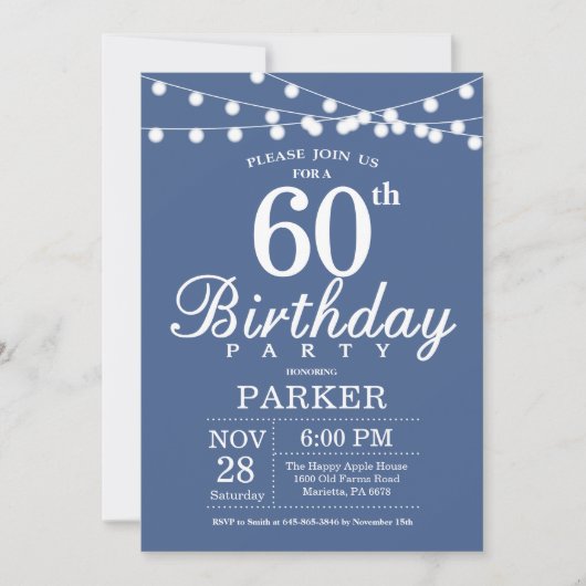 60th Birthday Invitation Blue Kaart (Voorkant)