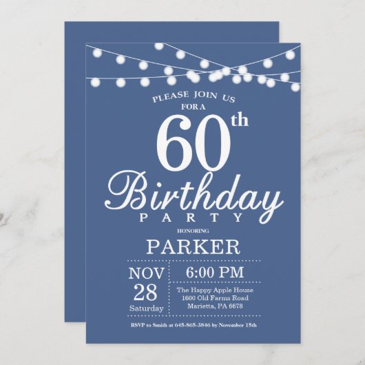 60th Birthday Invitation Blue Kaart (Voorkant / Achterkant)