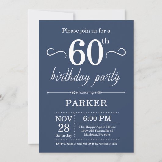 60th Birthday Invitation Blue Kaart (Voorkant)