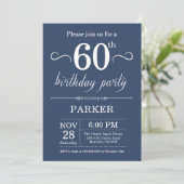 60th Birthday Invitation Blue Kaart (Staand voorkant)