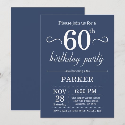 60th Birthday Invitation Blue Kaart (Voorkant / Achterkant)