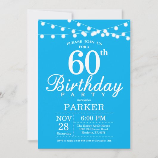 60th Birthday Invitation Blue Kaart (Voorkant)
