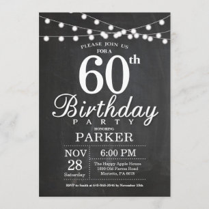 60th Birthday Invitation Chalkboard String Lights Kaart