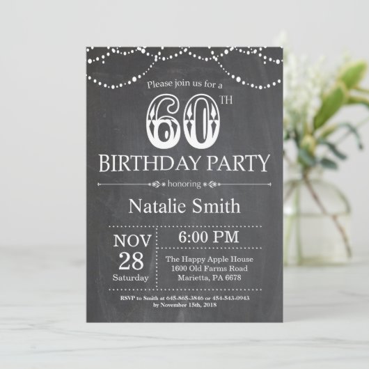 60th Birthday Invitation Chalkboard String Lights Kaart (Staand voorkant)