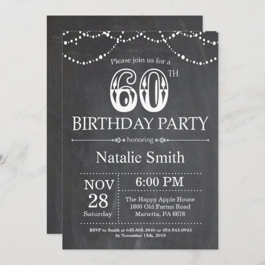 60th Birthday Invitation Chalkboard String Lights Kaart (Voorkant / Achterkant)
