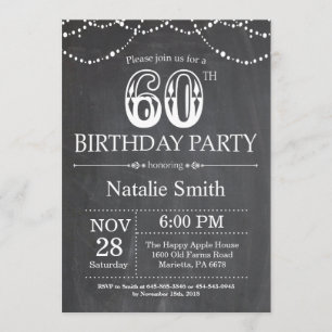 60th Birthday Invitation Chalkboard String Lights Kaart