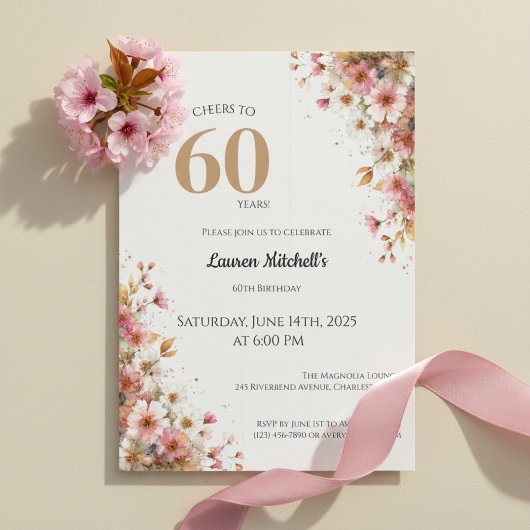 60th Birthday Invitation Elegant Gold Floral Style Kaart