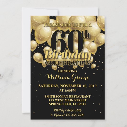 60th Birthday Invitation, Golden Birthday Invite Kaart (Voorkant)