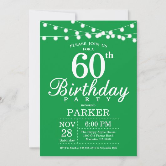 60th Birthday Invitation Green Kaart (Voorkant)