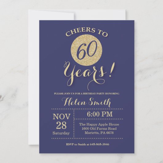 60th Birthday Invitation Navy and Gold Glitter Kaart (Voorkant)