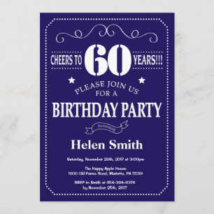 60th Birthday Invitation Navy Blue and White Kaart