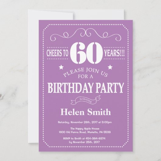60th Birthday Invitation Paars and White Kaart (Voorkant)