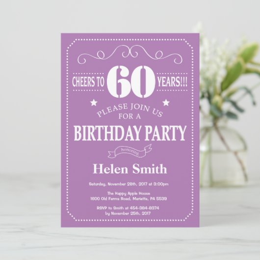 60th Birthday Invitation Paars and White Kaart (Staand voorkant)
