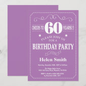 60th Birthday Invitation Paars and White Kaart (Voorkant / Achterkant)