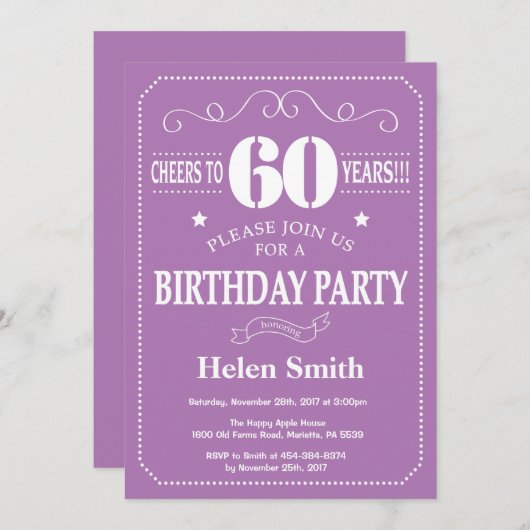 60th Birthday Invitation Paars and White Kaart (Voorkant / Achterkant)