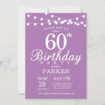 60th Birthday Invitation Paars Lavender Kaart<br><div class="desc">60th Birthday Invitation with String Lights. Paarse lavender Lila achtergrond. Vrouwen Vrouwen Lady Elegant Modern bday. 13e 15e 16e 18e 21e 30e 40e 50e 60e 70e 90e 100e, elke leeftijd. Voor verdere aanpassing, te klikken gelieve de knoop "van de Aanpassing het"en ons ontwerphulpmiddel te gebruiken om deze sjabloon te wijzigen....</div>