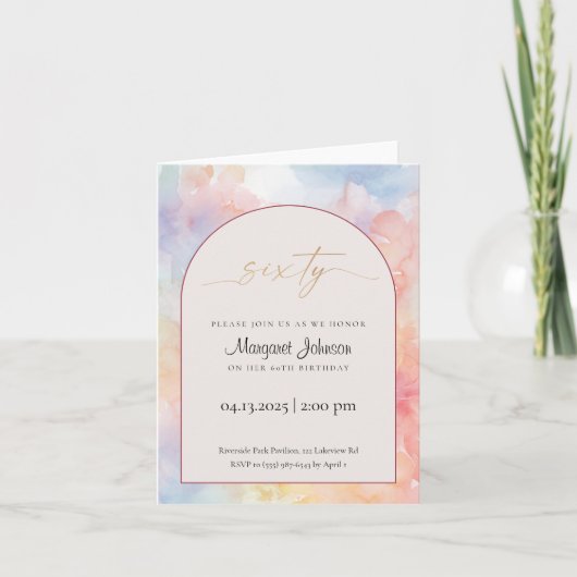60th Birthday Invitation | Pastel Watercolor Gold  (Voorkant)