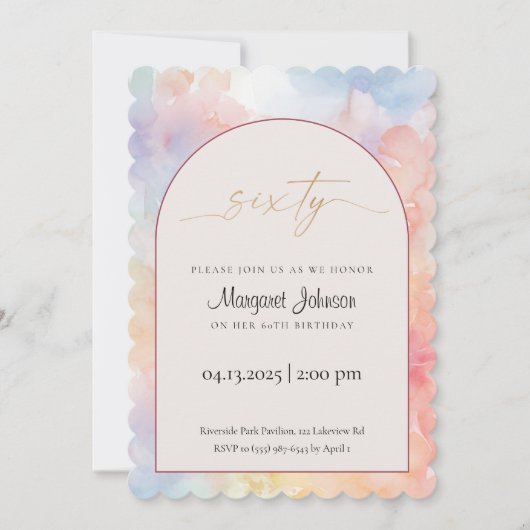 60th Birthday Invitation | Pastel Watercolor Gold  Kaart (Voorkant)