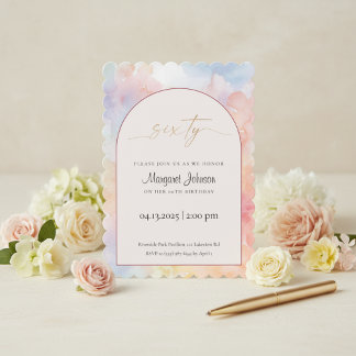 60th Birthday Invitation | Pastel Watercolor Gold Kaart