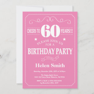 60th Birthday Invitation Pink and White Kaart
