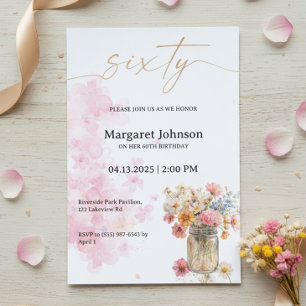 60th Birthday Invitation Pink Floral Watercolor Kaart
