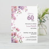 60th Birthday Invitation Purple Floral Elegant Kaart (Staand voorkant)