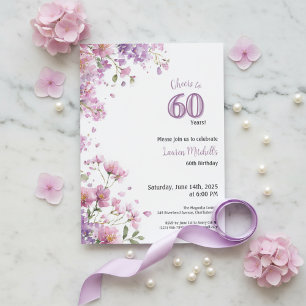 60th Birthday Invitation Purple Floral Elegant Kaart