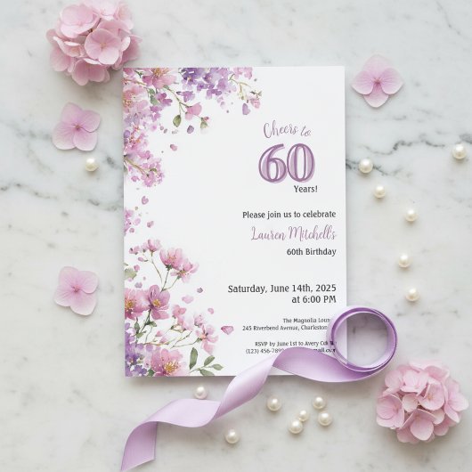 60th Birthday Invitation Purple Floral Elegant Kaart