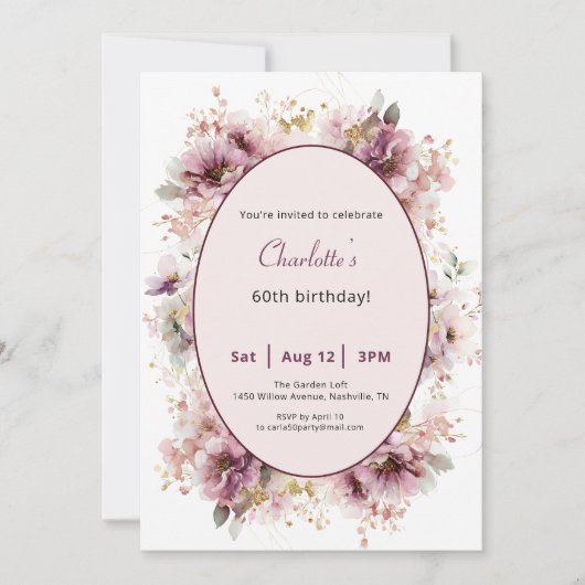 60th Birthday Invitation Purple Floral Watercolor Kaart (Voorkant)