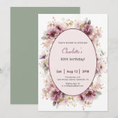 60th Birthday Invitation Purple Floral Watercolor Kaart (Voorkant / Achterkant)