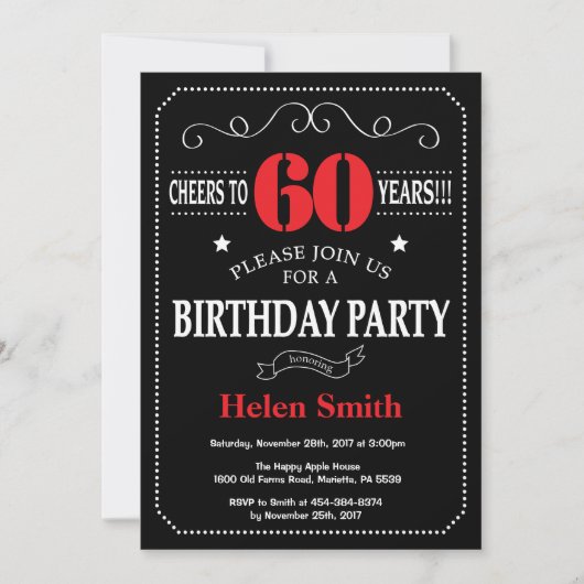 60th Birthday Invitation Red en Black Chalkboard Kaart (Voorkant)