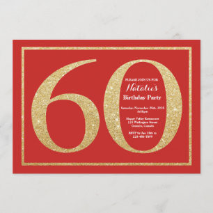 60th Birthday Invitation Red en Gold Glitter Kaart