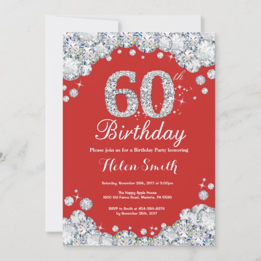 60th Birthday Invitation Red en Silver Diamond Kaart (Voorkant)