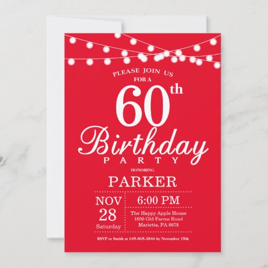 60th Birthday Invitation Red Kaart (Voorkant)