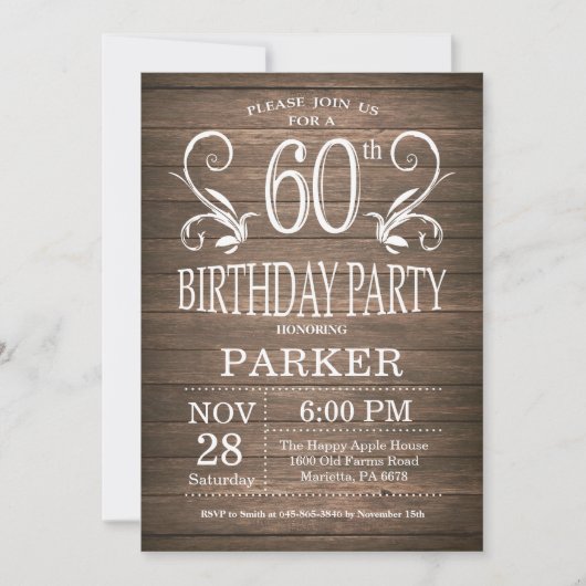 60th Birthday Invitation Rustic Wood Floral Kaart (Voorkant)