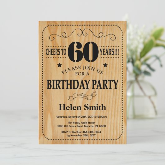 60th Birthday Invitation Rustic Wood Kaart (Staand voorkant)
