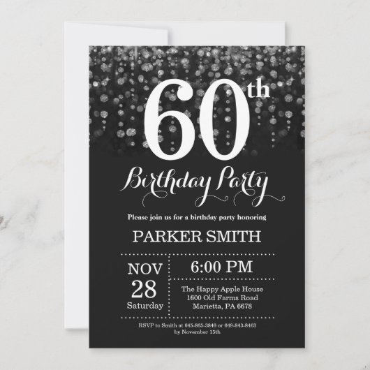 60th Birthday Invitation Silver Glitter Kaart (Voorkant)