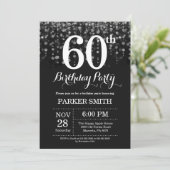 60th Birthday Invitation Silver Glitter Kaart (Staand voorkant)