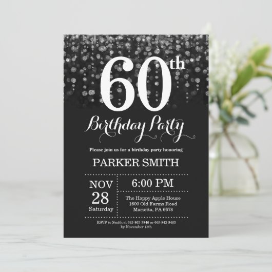 60th Birthday Invitation Silver Glitter Kaart (Staand voorkant)