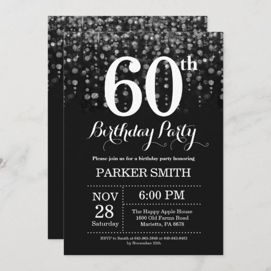 60th Birthday Invitation Silver Glitter Kaart (Voorkant / Achterkant)