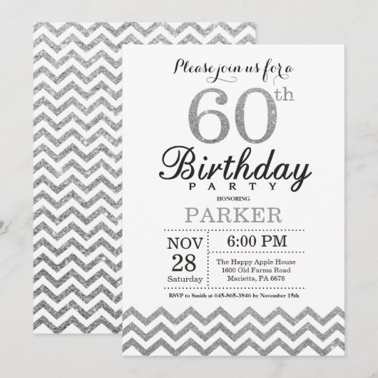 60th Birthday Invitation Silver Glitter Kaart (Voorkant / Achterkant)