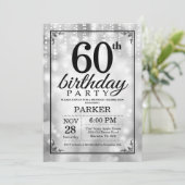 60th Birthday Invitation Silver Glitter Kaart (Staand voorkant)
