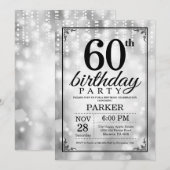 60th Birthday Invitation Silver Glitter Kaart (Voorkant / Achterkant)